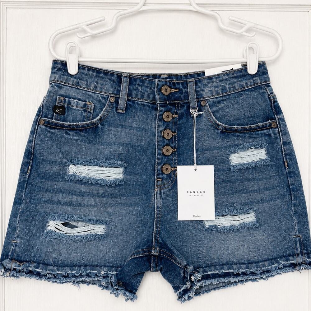 KanCan Women’s High Rise Distressed Denim Shorts Size 7/27 Button Fly NWT